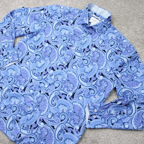 Construct Flip Cuff Shirt Mens Medium 15-15 1/2 Blue Floral 4 Way Stretch L/S - Picture 4 of 13